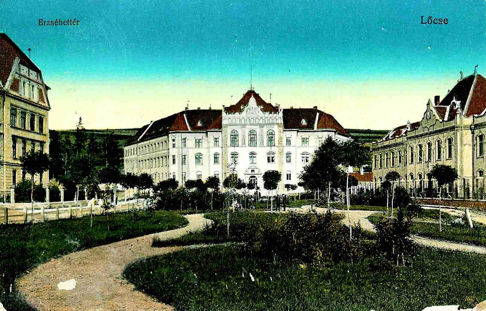 Erzsébet tér1918.: Balról jobbra: Reálgimnázium, Törvényszék, Vakok Intézete